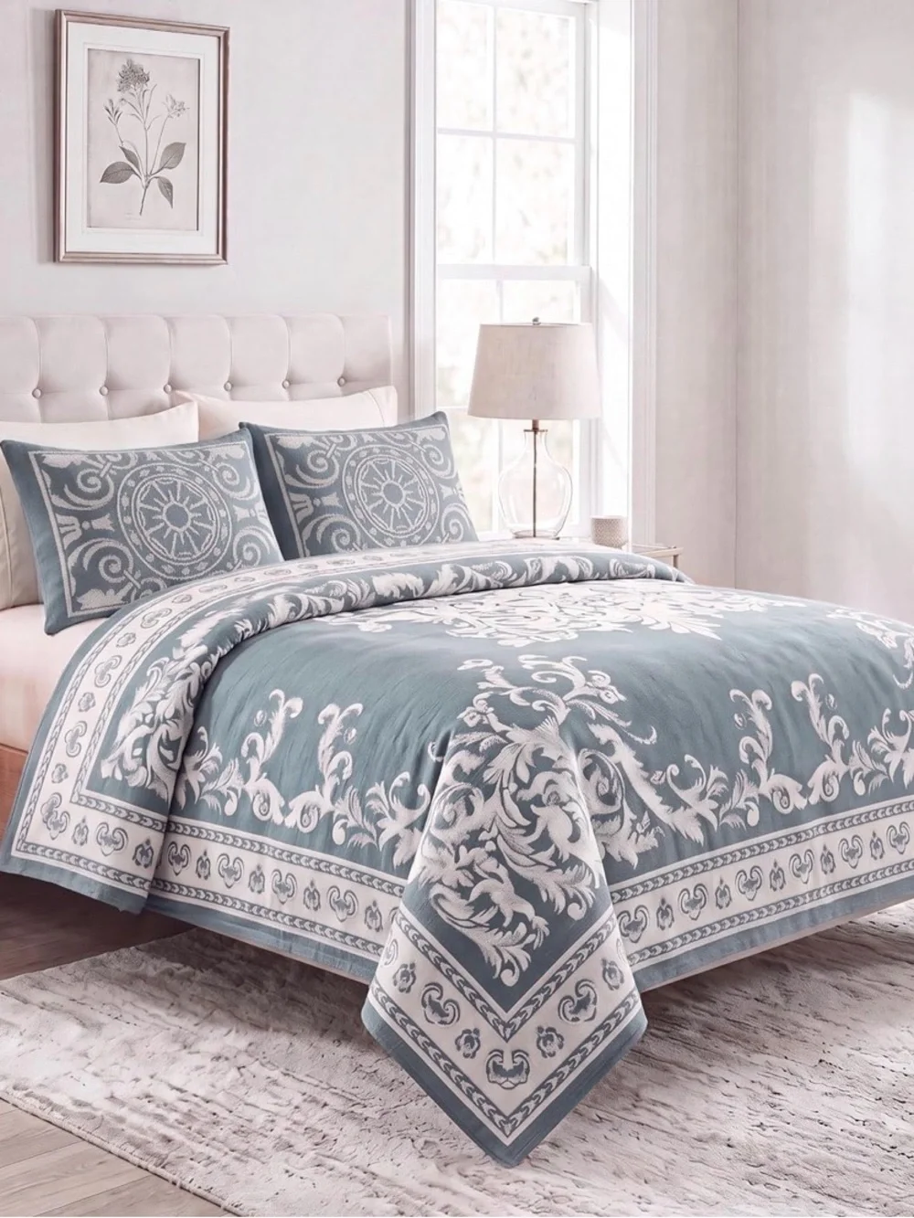 Blue and Cream Damask Bedspread Set- Elegant Home Bedding